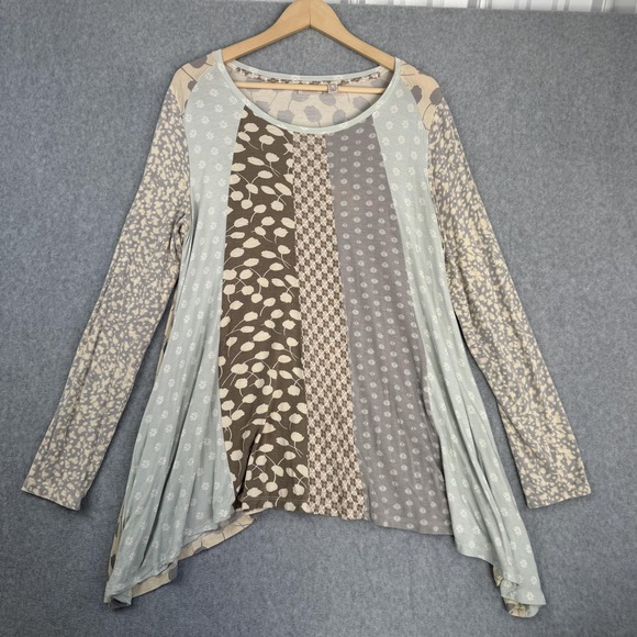 LOGO by Lori Goldstein Tops - LOGO Lori Goldstein Top Womens L Blue Brown Patchwork Tunic Pockets Boho Flowy
